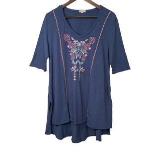 Mododoc Tunic Top Women Size L Blue Floral Boho Embroidered Side Hem Slit Cotton